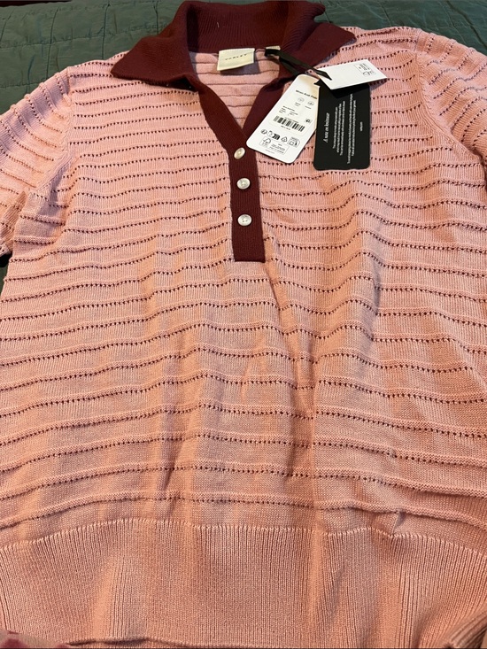 Varley Sweaters - Varley NWTO Wren Pink V-Neck Knit Polo Sweater with Burgundy Trim Size S